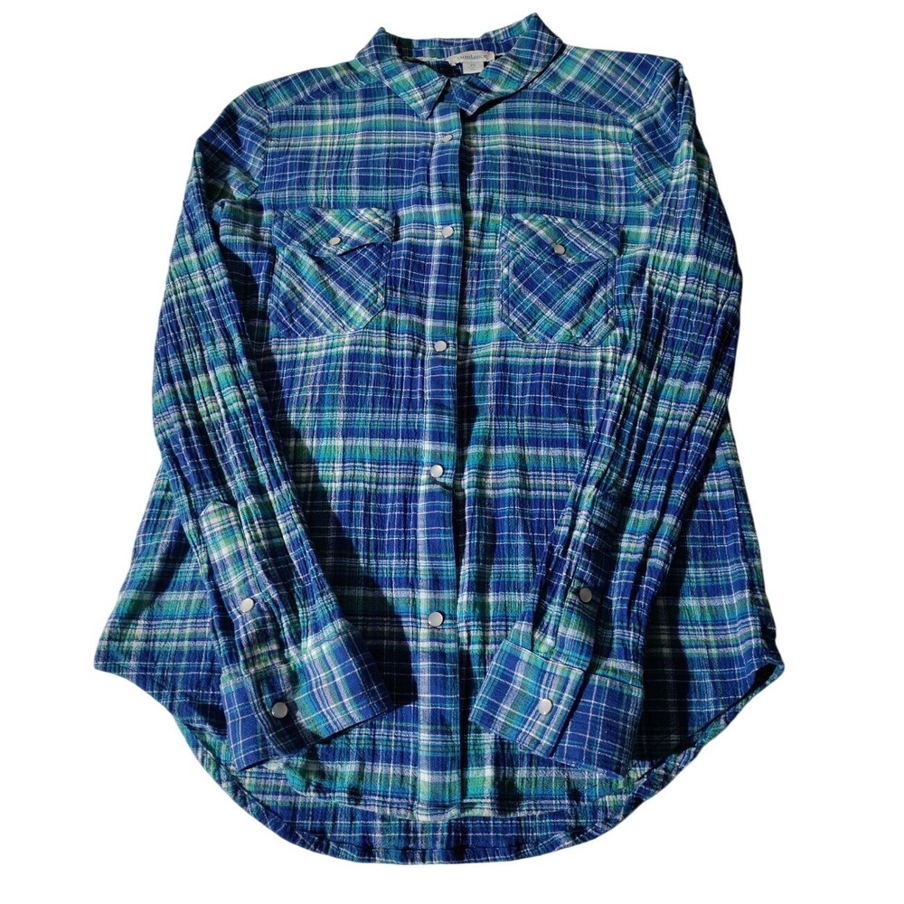 Sundance Pearl Snap Western Shirt Women XS Plaid Blue Long Sleeve Top